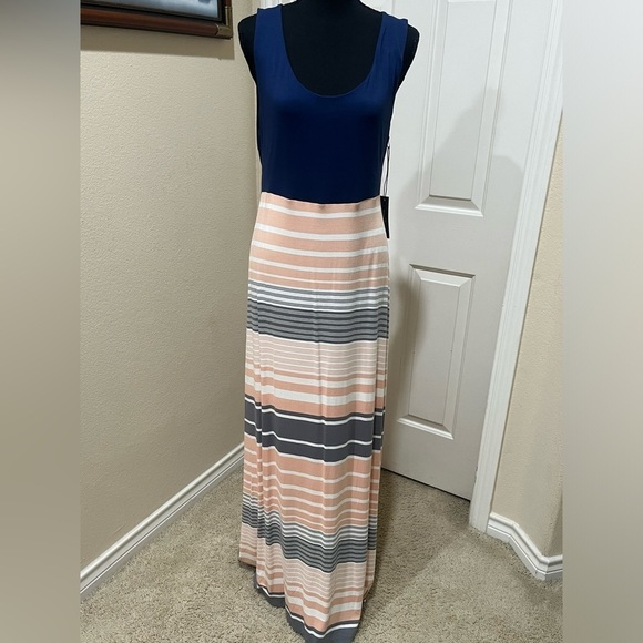 MARKET SPRUCE Blue Top Striped Skirt Maxi Dress Sz XXL Cute Back Elastic Waist